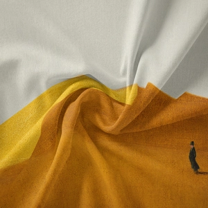 Detail of bohemian tapestry fabric showing surrealist silhouette and artistic textures