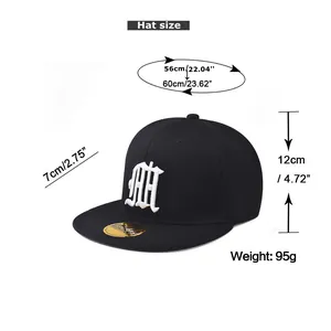 Size chart showing dimensions of the black hip hop cap with letter embroidery