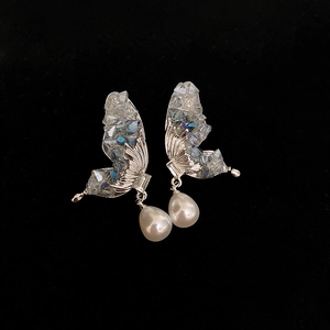 Butterfly Drop Earrings With Blue Crystal And Faux Artificial Pearl 925 Sterling Silver Earring Post Elegant Jewelry For Women