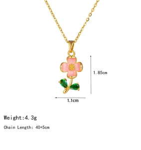 Detail view of flower pendant necklace showing dimensions 1.85x1.1cm and 4.3g weight