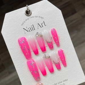Unghie Finte a Pressione Artigianali Extra Lunghe Sfumate Rosa Barbie Con Rosa Bianca 3D Strass Fiocco Stile Hot Girl