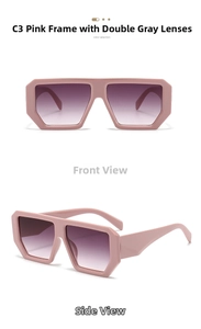 Detail view of pink geometric oversized square sunglasses with purple gradient lenses