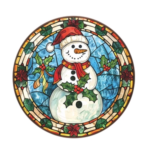 Round Christmas snowman window sticker with stained glass style for holiday decoration