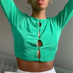 Haut Gilet Court Tricoté Côtelé Sexy Pour Femmes Boutonné Col Rond Manches Longues Coupe Ajustée Couleur Unie Streetwear