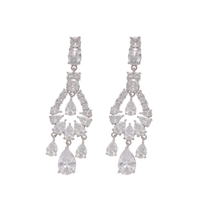 Elegant silver tassel drop earrings featuring pear-shaped cubic zirconia on white background