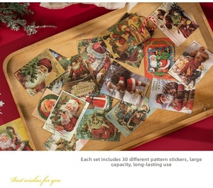 Detailed close-up of retro Christmas stickers set on a wooden tray with festive decor