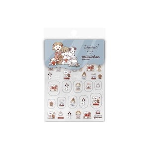 Cartoon dog and girl themed nail art stickers in warm tones for DIY manicure set