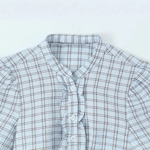 Close-up of a blue and brown plaid mini dress with ruffled placket and stand collar