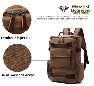 Detail of durable brown canvas backpack with leather zipper pulls and metal hardware