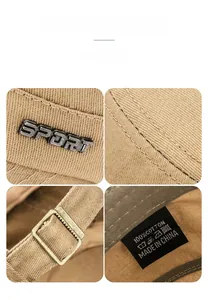 Detailed views of cotton flat top cap featuring metal SPORT badge and adjustable buckle