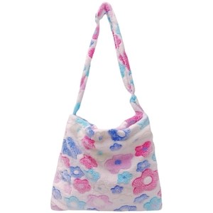 Cute plush crossbody tote bag with soft pink and blue flower patterns for women