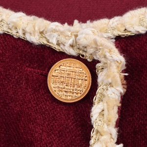 Elegant wine red chenille square neck dress with gold metal buttons and tweed trim