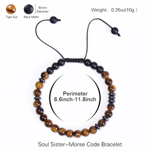 Soul Sister Morse code bracelet with 6mm tiger eye and matte black stone beads