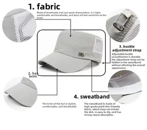 Detail of grey mesh flat top sun hat featuring breathable fabric and adjustable buckle