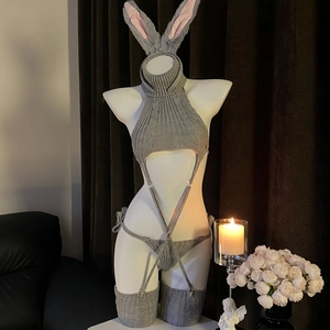 Grey cable knit bunny girl lingerie set featuring backless bodysuit and plush rabbit ears