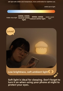 Macro view of mushroom night light showing warm yellow glow and soft silicone texture