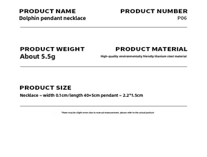 Detailed specs for titanium steel dolphin pendant necklace with size and weight info