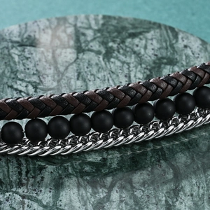 Three-layer men's bracelet with braided leather, black matte beads and steel Cuban chain