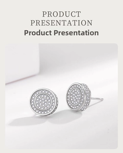 Macro detail of silver geometric pavé zircon earrings with sparkling double round structure
