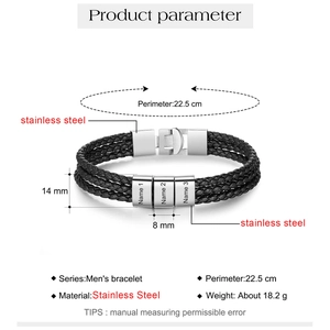 Detailed product parameters of triple-layer braided leather bracelet with stainless steel beads