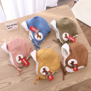 Kids Winter Trapper Hat Faux Suede Artificial Fur Lining Warm Earflap Cap For Toddler Boys Girls Cartoon Animal Aviator Hat