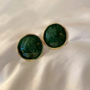Retro Emerald Green Round Geometric Enamel Earrings With 925 Sterling Silver Earring Post For Women French Style
