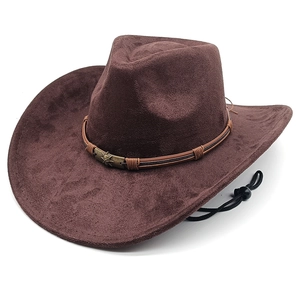 Brown western cowboy hat with vintage skull buckle and adjustable chin strap