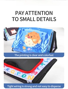 Detail of colorfast printing and tight wiring on baby cloth book with ocean theme
