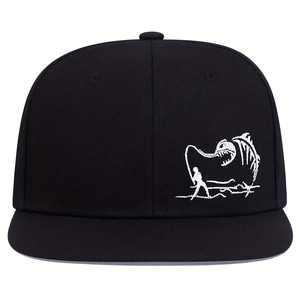 Black adjustable flat brim baseball cap featuring a unique fishing scene embroidery detail