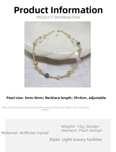 Macro detail of mixed color crystal pearl necklace with 39+4cm length specifications
