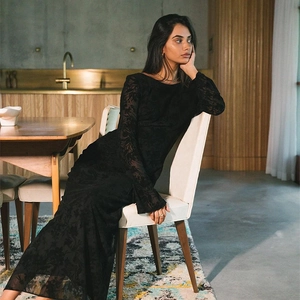 Elegant backless long sleeve floral printed slim maxi dress in black lace mesh fabric