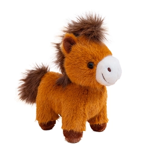 Cute brown plush pony toy with white muzzle and fluffy dark mane in a 45-degree angle