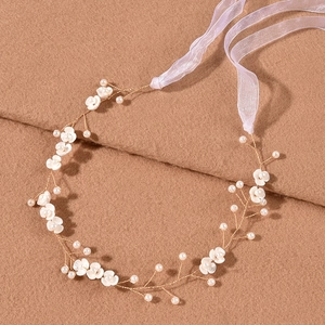 Bridal Hair Vine Artificial Pearl Flower Handcrafted Flexible Headband Wedding Party Hair Accessories For Women With Ribbon