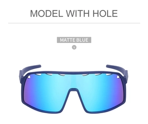 Detail of matte blue sports sunglasses with colorful lenses and ventilation hole design