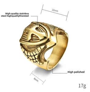 Macro shot of gold stainless steel nautical ring showing anchor emblem and dimensions