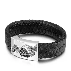 Men Braided Leather Bracelet With 316L Stainless Steel Skull Clasp Punk Gothic Jewelry