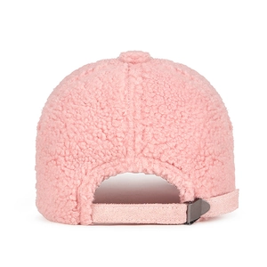 Back view of pink fleece baseball cap with adjustable metal buckle and soft texture