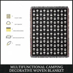 Bohemian outdoor camping blanket featuring white skull patterns and colorful fringes