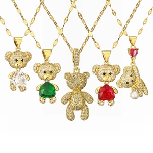 Cute Teddy Bear Pendant Necklace Copper Stainless Steel With Heart Zircon Elegant Gold Plated Jewelry For Women