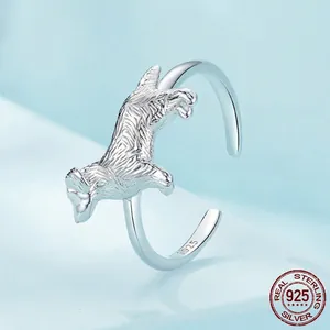 S925 sterling silver adjustable open ring featuring a cute running golden retriever puppy