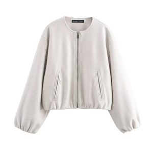 Minimalist light gray wool blend zip-up bomber jacket with a casual round neck design