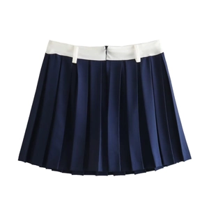 Faltenrock Mini Rock Color Block Hohe Taille Preppy Tennisrock Polyester Dunkelblau Weiß A-Linie Damenmode