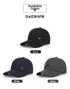 Close-up of wool baseball caps in black, navy, and grey with metallic logo detail
