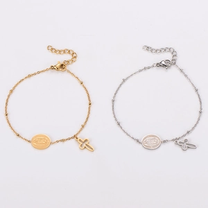 Stainless Steel Bracelet With Virgin Mary Medal And Cross Pendant Religious Jewelry Adjustable Chain Hip Hop Style