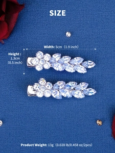 Detailed dimensions of crystal leaf hair clips with 5cm width and 1.3cm height measurements