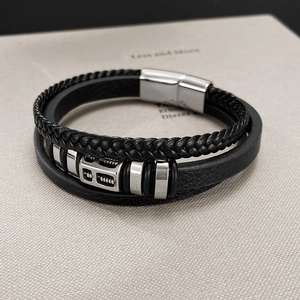 Men's retro multilayer braided black leather bracelet with stainless steel magnetic clasp