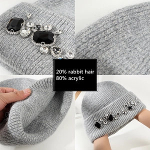 Grey angora rabbit hair knit beanie with sparkling rhinestones and thick warm texture
