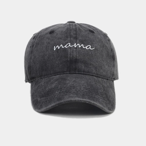 Detail of white mama embroidery on vintage washed grey denim baseball cap for women