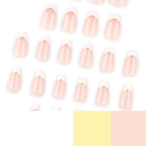 Short almond press-on nails with French white tips and gold metallic curved accents