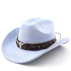Detail of light blue suede cowboy hat with brown leather band and silver bull head icon